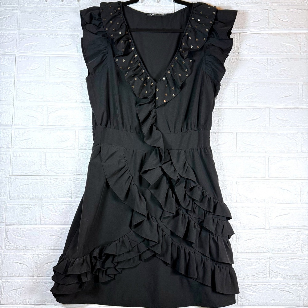 Janet Paris Ruffle Mini Dress Women Size M Black Sequin V-Neck Sleeveless